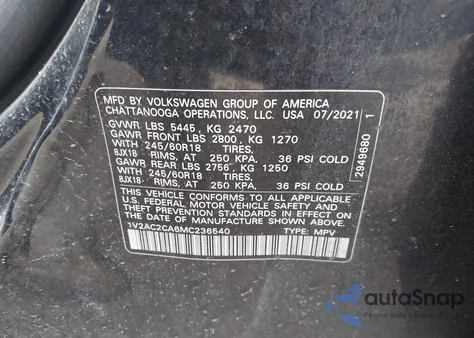 2021 Volkswagen Atlas Cross Sport 2.0T S z USA, uszkodzony, nr VIN 1V2AC2CA6MC236540